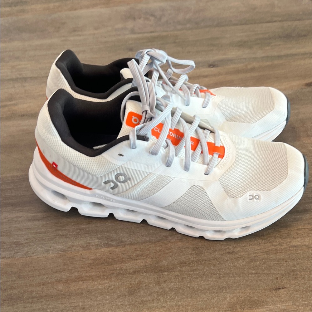 On Cloud Cloudrunner. White and Orange Running Shoes. Used a handful of times